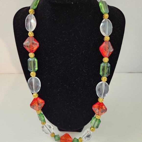 Hand Crafted Necklace Christmas Colors Beaded Red Green Clear Crystals and Gold - Picture 3 of 9